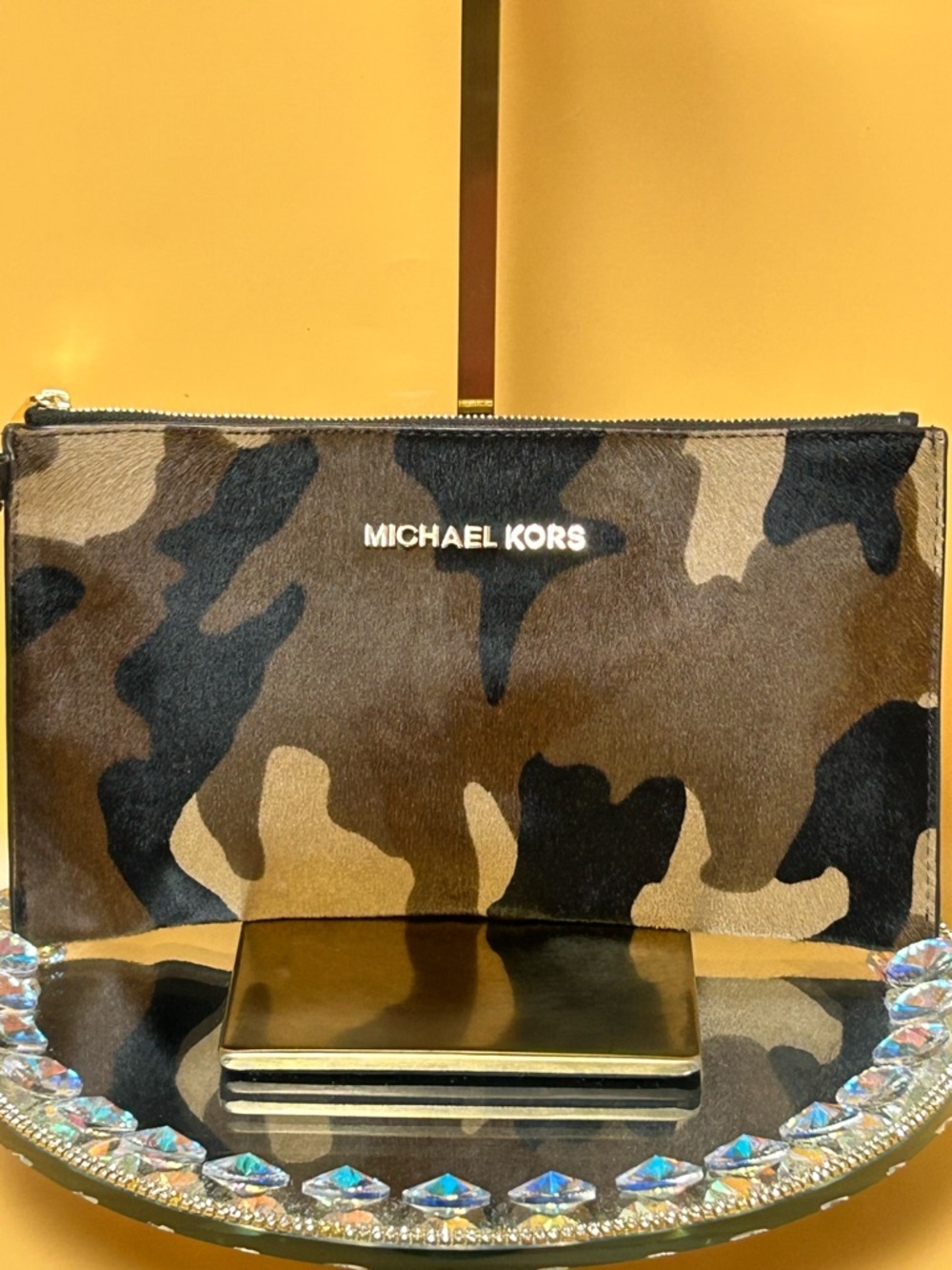 MICHAEL KORS Brown Camo Calf Hair and Leather Wristlet Approx. 10 x 5.5